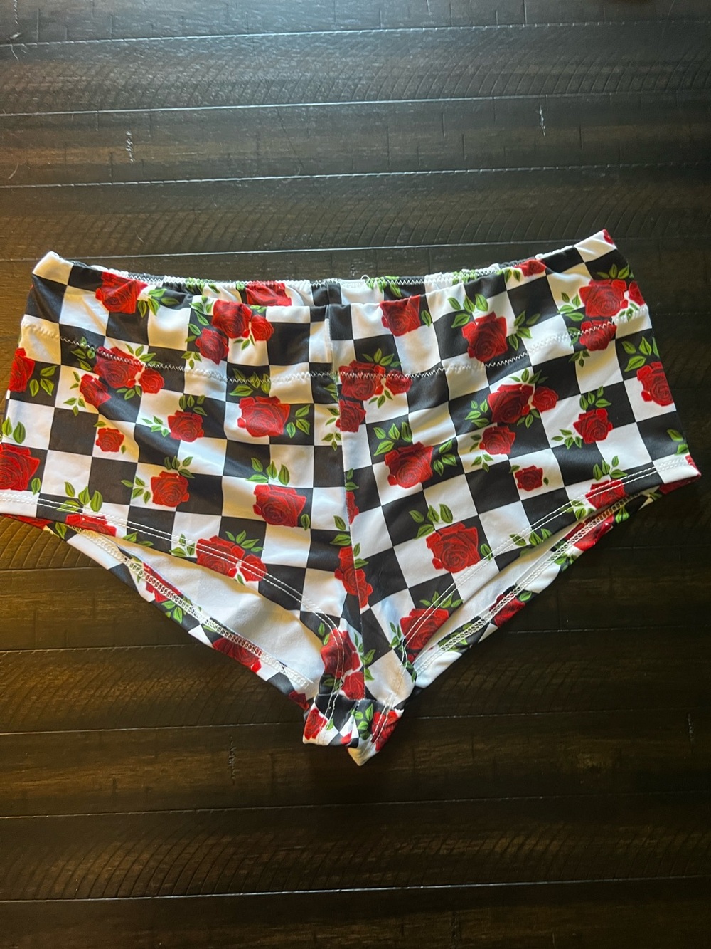 Checkered Black & White Bike Shorts with Red Rose Print